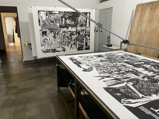 Enka Komariah's work in progress at Krack! Print Studio
